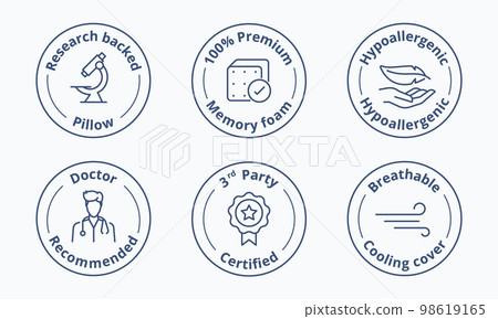 Pillow quality certification sign. Special features symbol. Pillow unique selling point badge vector illustration. Perfect design for shop and sale banners. Pillow quality certification sign. Special features symbol. Pillow unique selling point badge vector illustration. Perfect design for shop and sale banners. 98619165