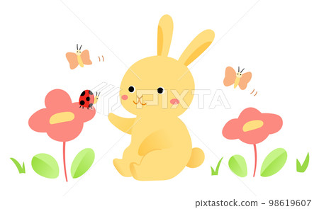 一隻兔子和一隻昆蟲的春天形象的可愛插圖 98619607
