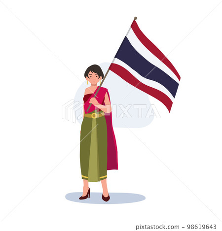 a woman in Thai traditional costume is holding the big Flag of Thailand in her hand. Full length Flat vector illustration 98619643