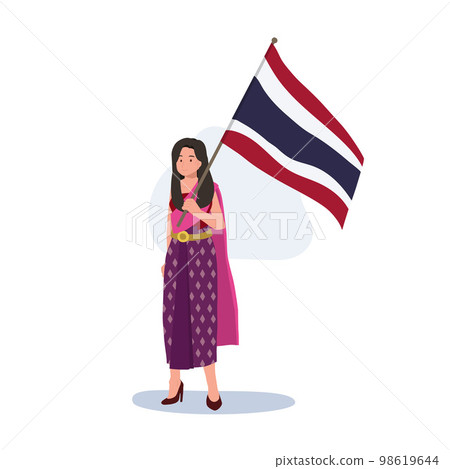 a woman in Thai traditional costume is holding the big Flag of Thailand in her hand. Full length Flat vector illustration 98619644