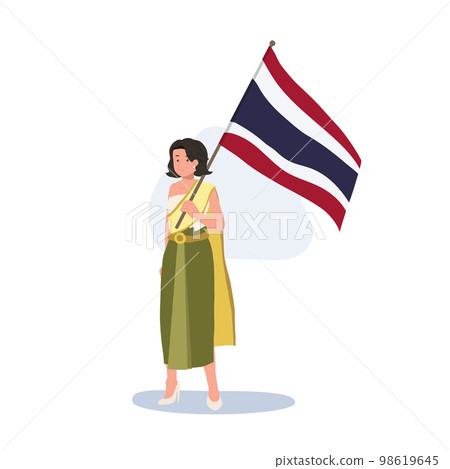 a woman in Thai traditional costume is holding the big Flag of Thailand in her hand. Full length Flat vector illustration 98619645