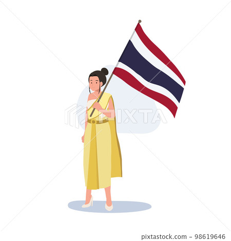 a woman in Thai traditional costume is holding the big Flag of Thailand in her hand. Full length Flat vector illustration 98619646