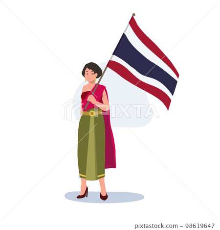 a woman in Thai traditional costume is holding the big Flag of Thailand in her hand. Full length Flat vector illustration 98619647