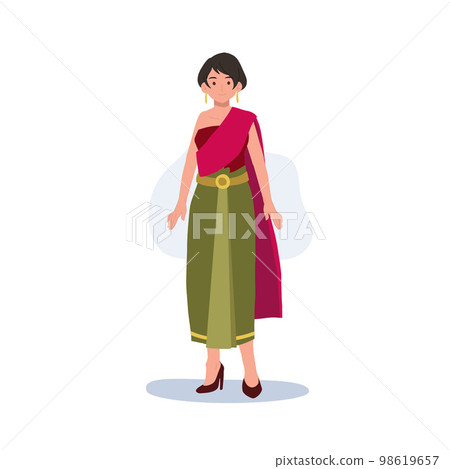 Woman in Thai traditional clothes. Traditional southeast asian costume, Thailand. Flat vector illustration 98619657