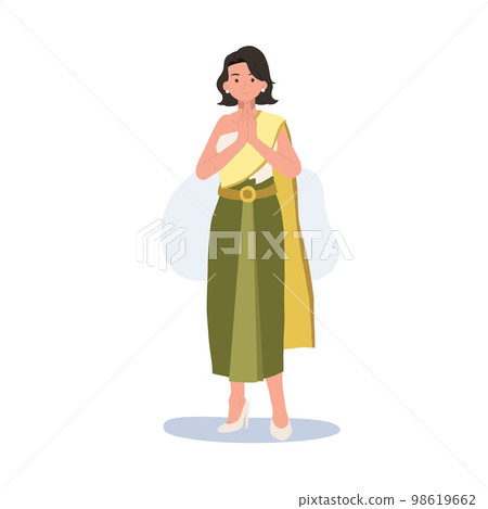 thai woman in Thai traditional costume, say hello Sawasdee. Thai people greeting "Sawasdee". Flat vector illustration 98619662