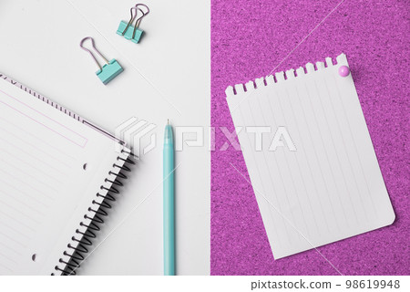 Photo With Pens Pencils Rullers Calculators. Notebook and Colored Paper Stickers Lying On White Desk. Multiple Assorted Collection Office Stationery. Postcards. Photo With Pens Pencils Rullers Calculators. Notebook and Colored Paper Stickers Lying On White Desk. Multiple Assorted Collection Office Stationery. Postcards. 98619948