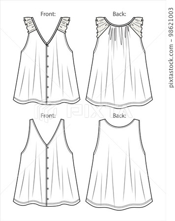 Vector summer tank top fashion CAD, sleeveless woman camisole with lace and buttons detail technical drawing, sketch, template, flat. Jersey or woven fabric blouse with front, back view, white color Vector summer tank top fashion CAD, sleeveless woman camisole with lace and buttons detail technical drawing, sketch, template, flat. Jersey or woven fabric blouse with front, back view, white color 98621003