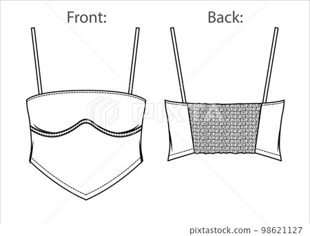 Vector woman strapless blouse sketch, sleeveless blouse fashion CAD, summer crop top technical sketch, female flat, template. Jersey or woven fabric corset top with front, back view, white color Vector woman strapless blouse sketch, sleeveless blouse fashion CAD, summer crop top technical sketch, female flat, template. Jersey or woven fabric corset top with front, back view, white color 98621127
