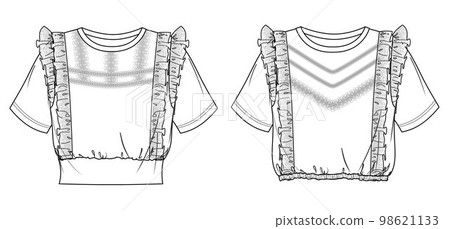 Vector short sleeved blouse technical drawing, woman round neck T-Shirt with crochet trims and frills, 2 pcs tee fashion CAD,sketch, template. Jersey or woven fabric top, front, back view, white color Vector short sleeved blouse technical drawing, woman round neck T-Shirt with crochet trims and frills, 2 pcs tee fashion CAD,sketch, template. Jersey or woven fabric top, front, back view, white color 98621133
