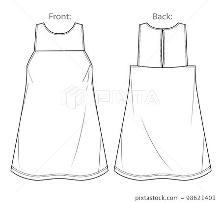 Vector sleeveless dress fashion CAD, woman mini halter neck dress technical drawing with opened back, template, flat, sketch, mock up.  Jersey or woven fabric dress with front, back view, white color 98621401