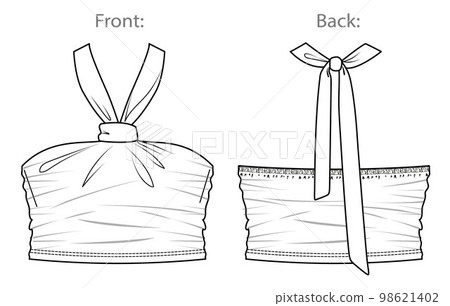 Vector woman strapless blouse sketch, crop sleeveless blouse fashion CAD, summer tight fit top technical sketch, female flat, template. Jersey or woven fabric blouse with front, back view, white color 98621402