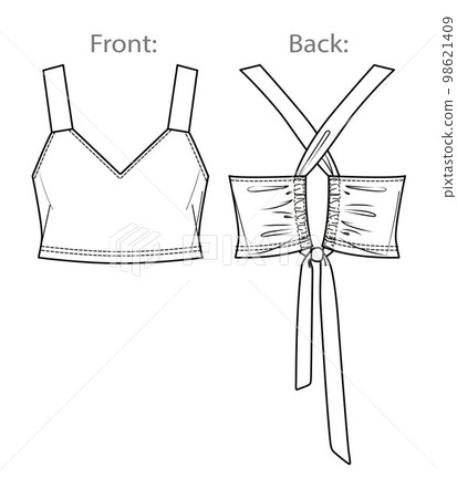 Vector woman V-neck blouse sketch, sleeveless blouse fashion CAD, summer crop top with back technical sketch, female flat, template. Jersey or woven fabric blouse with front, back view, white color Vector woman V-neck blouse sketch, sleeveless blouse fashion CAD, summer crop top with back technical sketch, female flat, template. Jersey or woven fabric blouse with front, back view, white color 98621409