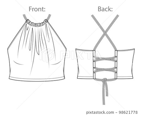Vector woman halter neck blouse sketch, sleeveless tee fashion CAD, summer crop top technical sketch, female flat, template. Jersey or woven fabric blouse with front, back view, white color 98621778