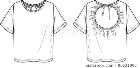 Vector short sleeved T-Shirt fashion CAD, woman round neck top with opened back detail technical drawing, template, flat, sketch. Jersey or woven fabric blouse with front, back view, white color 98621906