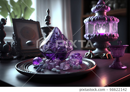 Magic purple gemstones for esoteric spiritual practice, Healing Crystal Ritual, Witchcraft, future predictions. Generative AI illustration Magic purple gemstones for esoteric spiritual practice, Healing Crystal Ritual, Witchcraft, future predictions. Generative AI illustration 98622142