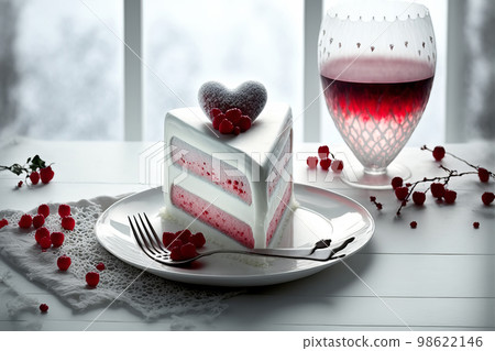 Piece of cake for St. Valentines Day, Mothers Day or Birthday, decorated with roses. Valentine's Day with love. Generative AI illustration 98622146