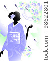 A silhouette of a woman in a kimono and a fish swimming in a mountain stream 98622801