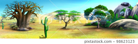 Savannah landscape with trees and rocks illustration Savannah landscape with trees and rocks illustration 98623123