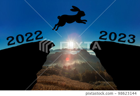 A cute new born rabbit jump between 2022 and 2023 years over the sun and through on the gap of hill A cute new born rabbit jump between 2022 and 2023 years over the sun and through on the gap of hill 98623144