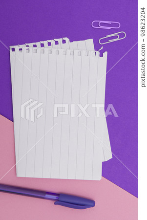 Image with school supplies, colored stickers, notebooks. Pens, pencils, rullers, calculator, keyboard. Assortment office items. Important information written on paper. 98623204