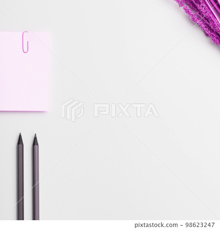 Photo With Pens Pencils Rullers Calculators. Notebook and Colored Paper Stickers Lying On White Desk. Multiple Assorted Collection Office Stationery. Postcards. 98623247