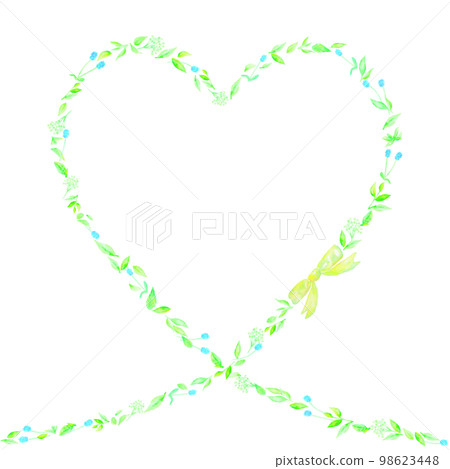 Heart frame made of blue wildflowers and green leaves. Illustration drawn with watercolors. Heart frame made of blue wildflowers and green leaves. Illustration drawn with watercolors. 98623448