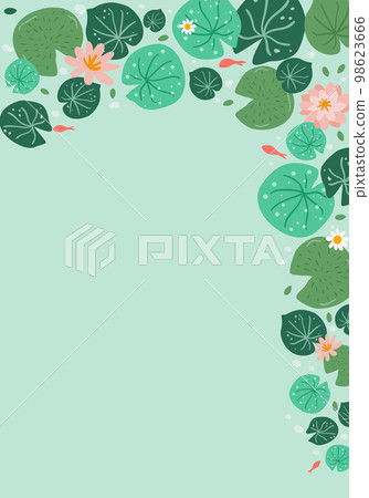 Lotus poster background vector. Water lily in pond, leaves, fish illustration. Asian floral banner nature design. Lotus poster background vector. Water lily in pond, leaves, fish illustration. Asian floral banner nature design. 98623666