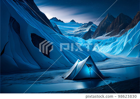 Illuminated blue tent wild camping in the mountains under night sky. Illuminated blue tent wild camping in the mountains under night sky. 98623830
