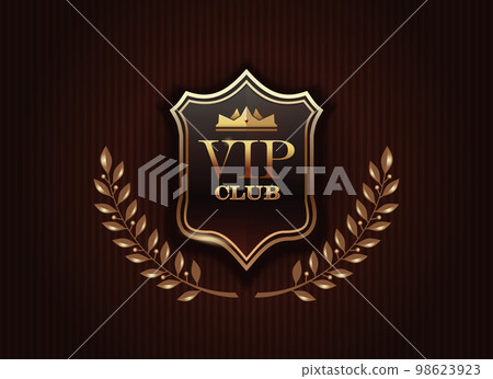 VIP club logo with laurel and crown on a luxury background. Premium design. Golden monogram 98623923