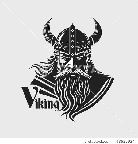 Viking's face in a helmet with horns. Scandinavian warrior logo design. 98623924