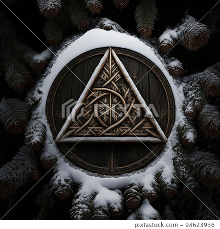 Simple Nordic pagan emblem. Yule symbol. Scandinavian symbol cut out of wood 98623936