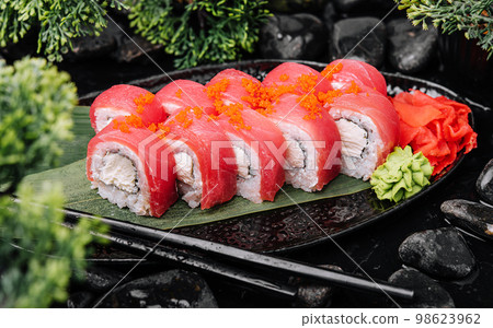 sushi rolls of red tuna on black stone sushi rolls of red tuna on black stone 98623962