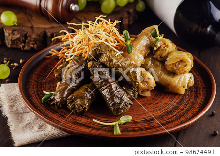 dolma cabbage rolls grape leaves filling close up 98624491