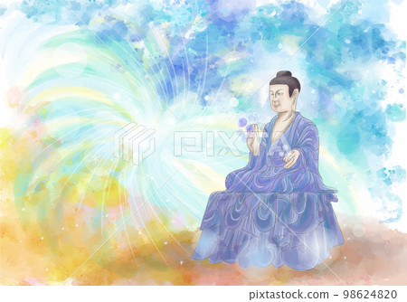 Horyuji Yakushi Nyorai 坐像和淺色背景的藍色圖像 Horyuji Yakushi Nyorai 坐像和淺色背景的藍色圖像 98624820