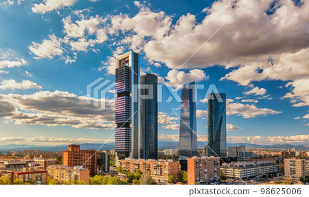 Madrid Spain, city skyline at financial district center with four towers 98625006
