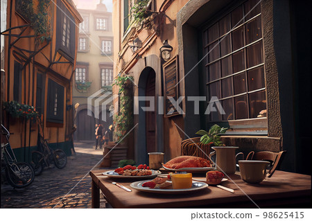 Image of street cafe early morning Image of street cafe early morning 98625415
