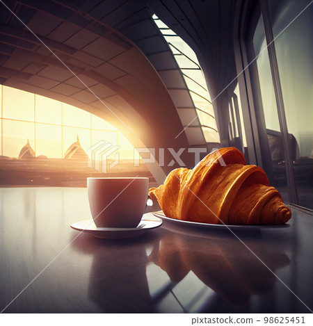 Hot coffee with breakfast at airport lounge. Hot coffee with breakfast at airport lounge. 98625451