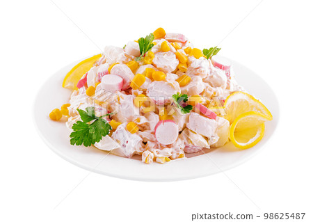 Salad of chopped crab sticks with sweet corn 98625487