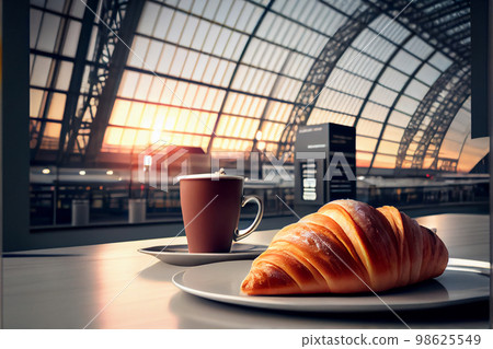 Croissant with coffee, breakfast at the train station Croissant with coffee, breakfast at the train station 98625549