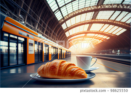Croissant with coffee, breakfast at the train station Croissant with coffee, breakfast at the train station 98625550
