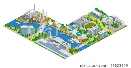 Townscape illustration "Block Town A" that becomes a big city if combined like blocks There are variations 98625599