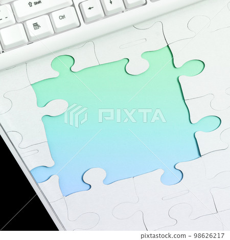 Colored Paper Puzzles Lying On Table. Important Text Written Over Paper. Office Stationery Around School Accessories, Pens, Pensils, Computer Keyboard. 98626217