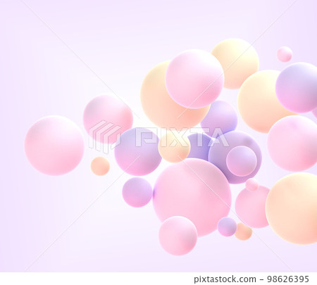 Abstract geometric background with frosted spheres in pastel colors 3d render. Flying pink purple yellow matte balls or bubbles in motion. Wallpaper, cover or banner graphic design Abstract geometric background with frosted spheres in pastel colors 3d render. Flying pink purple yellow matte balls or bubbles in motion. Wallpaper, cover or banner graphic design 98626395