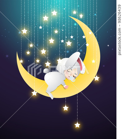 baby rabbit sleeping on the moon with starry night 98626439