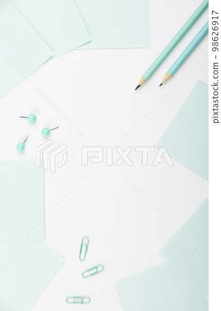 Multiple Assorted Collection Office Stationery Photo With Pens Pencils Notepads Notebook Ruler Stapler Scissors Clippers Paper Clips Holders Clipboard Placed Over Table. 98626917