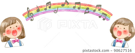 兒童唱歌、彩虹和音符的水彩插圖(框架/文字材料) 兒童唱歌、彩虹和音符的水彩插圖(框架/文字材料) 98627516