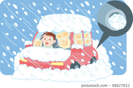 Snow damage illustration _ confinement in the car due to snow _ exhaust gas poisoning _ blizzard _ with background color 98627652
