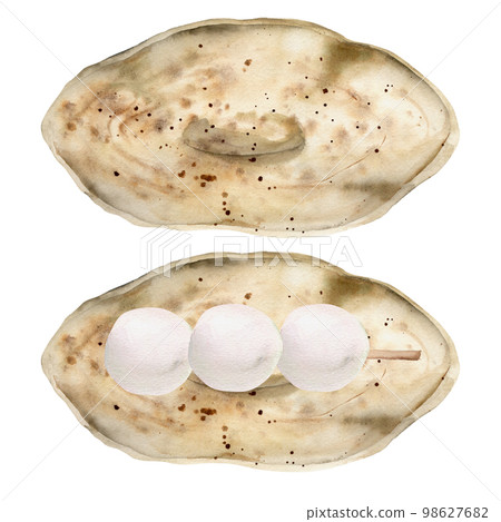 Watercolor hand drawn traditional Japanese sweets. Ceramic plate with dango. Isolated on white background. Design for invitations, restaurant menu, greeting cards, print, textile Watercolor hand drawn traditional Japanese sweets. Ceramic plate with dango. Isolated on white background. Design for invitations, restaurant menu, greeting cards, print, textile 98627682