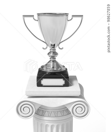 Silver trophy cup on an antique column in greek style 3D illustration Silver trophy cup on an antique column in greek style 3D illustration 98627859