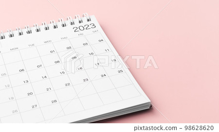 Calendar 2023 on pastel pink background, appointment meeting or planning and scheduling concept 98628620